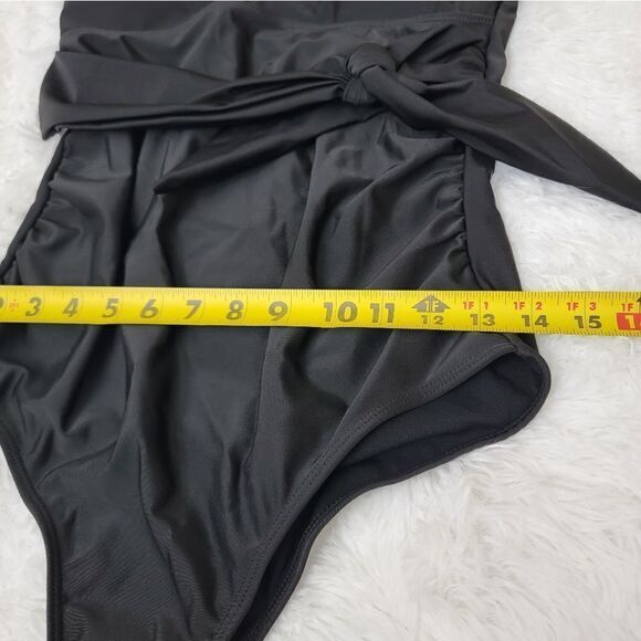 Belted Bathing Suit Solid Black V Neck One Piece Swimsuit Tummy Control Size S - Picture 4 of 7